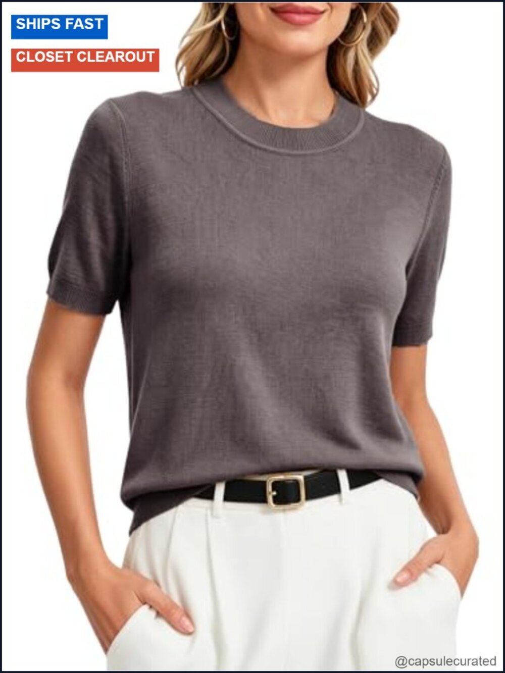 Lightweight Merino Wool Blend Short Sleeve Sweater Crewneck Knit